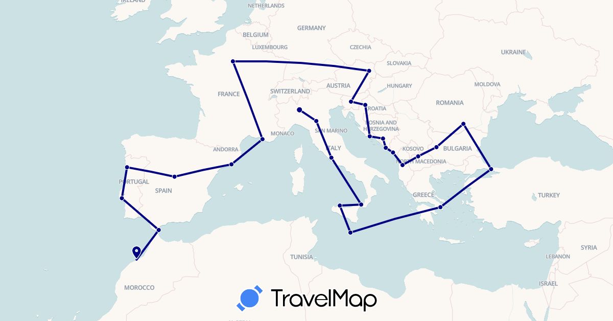 TravelMap itinerary: driving in Albania, Austria, Bosnia and Herzegovina, Bulgaria, Spain, France, Gibraltar, Greece, Croatia, Italy, Morocco, Montenegro, Macedonia, Malta, Portugal, Romania, Slovenia, Turkey (Africa, Asia, Europe)